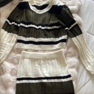 SHEIN Black, White, and Olive Striped Pencil Skirt Set